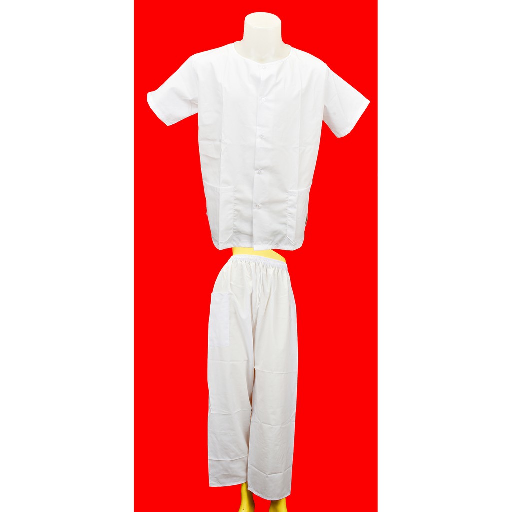 ภาพหน้าปกสินค้าชุดขาว ชุดขาว ชุดปฏิบัติธรรม ใส่ ไปทำบุญ เข้าวัด มีเสื้อ กระเป๋าสองข้าง กระดุม และกางเกงขายาว ยาวยืด มีเชือกผูก