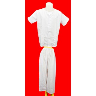 สินค้า ชุดขาว ชุดขาว ชุดปฏิบัติธรรม ใส่ ไปทำบุญ เข้าวัด มีเสื้อ กระเป๋าสองข้าง กระดุม และกางเกงขายาว ยาวยืด มีเชือกผูก