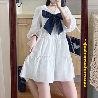 ชุดฝรั่งเศส  Bow Knot Summer ใหม่ชุดเดรสแขนพัฟหลวม ชุดหวานสีขาว ใส่ได้ 42~70กก.