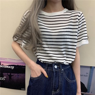 doubleรูปแบบใหม่ ผ้าไหมน้ำแข็งหลวมถักด้านบน เสื้อยืดลายแขนสั้น