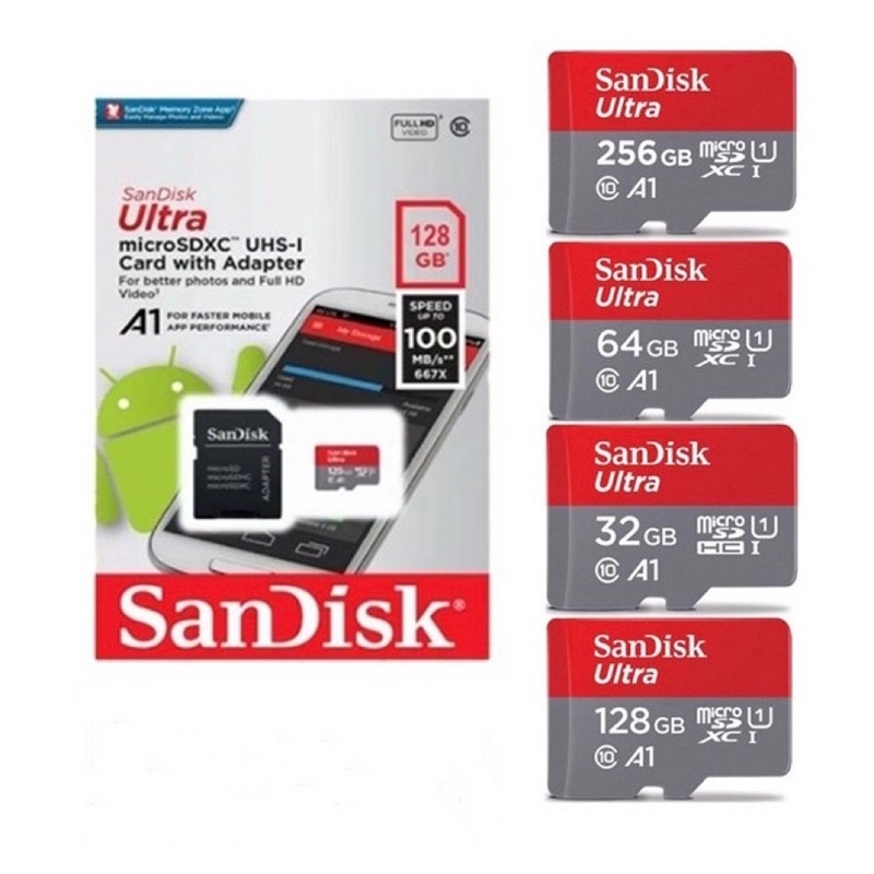ราคาและรีวิวSandisk Ultra microSD Card ความเร็ว 100MB/s ความจุ 32GB 64GB 128GB 256GB 512GB Class10 A1เมมโมรี่การ์ด การ์ดหน่วยความจำ