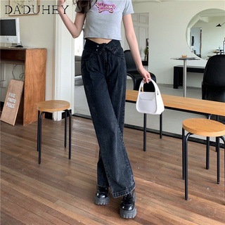 DaDuHey💕 Womens New Korean-Style High Waist Two-Way Retro Loose Slim and Wide Leg  Casual Jeans