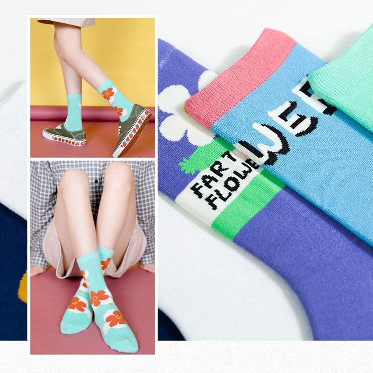 ins-colorful-funny-flowers-ถุงเท้ายาวสุภาพสตรีเกาหลีแฟชั่นใหม่น่ารักผ้าฝ้ายนุ่มสบายถุงเท้าลูกเรือบางผู้หญิงถุงเท้าสีขาว