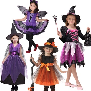 Baby Girls Halloween Witch Costume Children Cosplay Vampire  Princess Dresses Kids Dress Up Clothes With Hat Carnival Party Gift