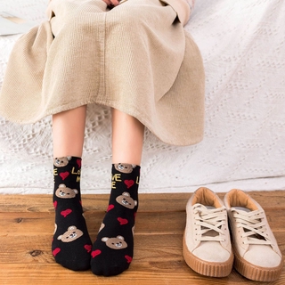ภาพขนาดย่อของสินค้าKawaii Cartoon Bear Love Print Girls Crew Socks Cotton Women Cute Fashion Animal Colorful Mid Calf Socks Length Socks Alphabet Socks