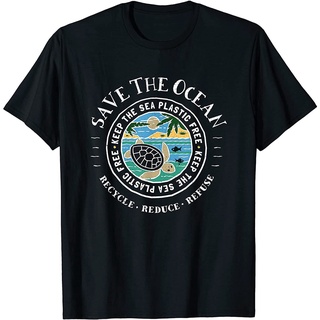 เสื้อยืดผ้าฝ้ายพิมพ์ลายคลาสสิก เสื้อยืดพลาสติก พิมพ์ลายเต่า Rescue the Ocean Keep Sea