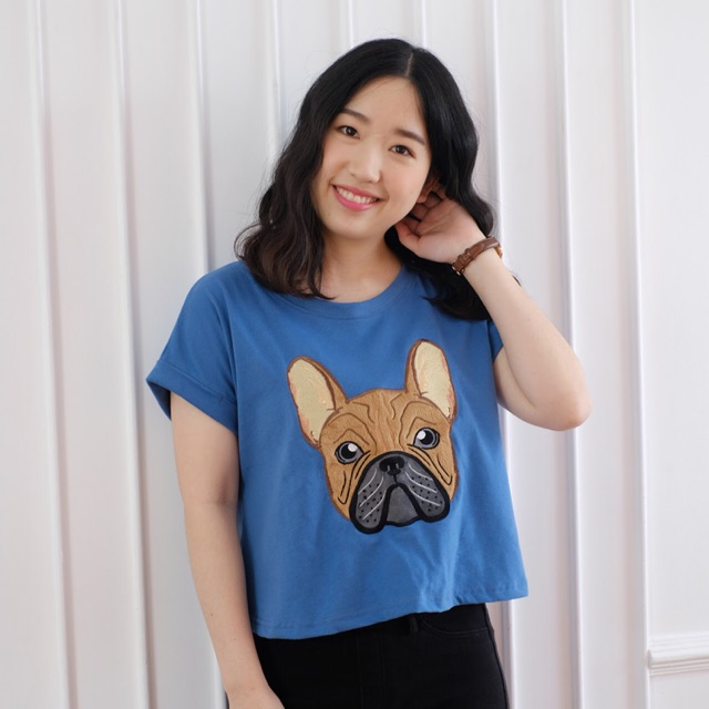 เสื้อครอป-แขนสั้น-crop-top-งานปัก-ลาย-french-bulldog-ผ้านิ่ม-cotton-100