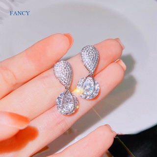 Fancy ต่างหูเงิน 925 ประดับเพทาย ทรงกลม รูปลูกแพร์ สไตล์เกาหลี เครื่องประดับแฟชั่น