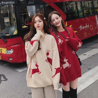🎅🏻 ชุดคริสมาส🍁 คริสมาสต์เสื้อกันหนาวผู้หญิงฤดูใบไม้ร่วงและฤดูหนาวใหม่สไตล์เกาหลีทรงหลวมมีสองสี