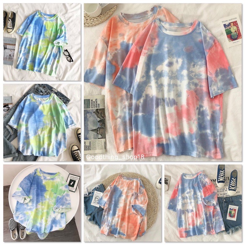 พร้อมส่ง-เสื้อมัดย้อม-ลายมัดย้อม-ทรงoversize-ผ้าไม่ยับไม่ย้วย-ไม่ต้องรีด-คอกลม-สไตล์เกาหลี-สีพาสเทล-น่ารักๆ