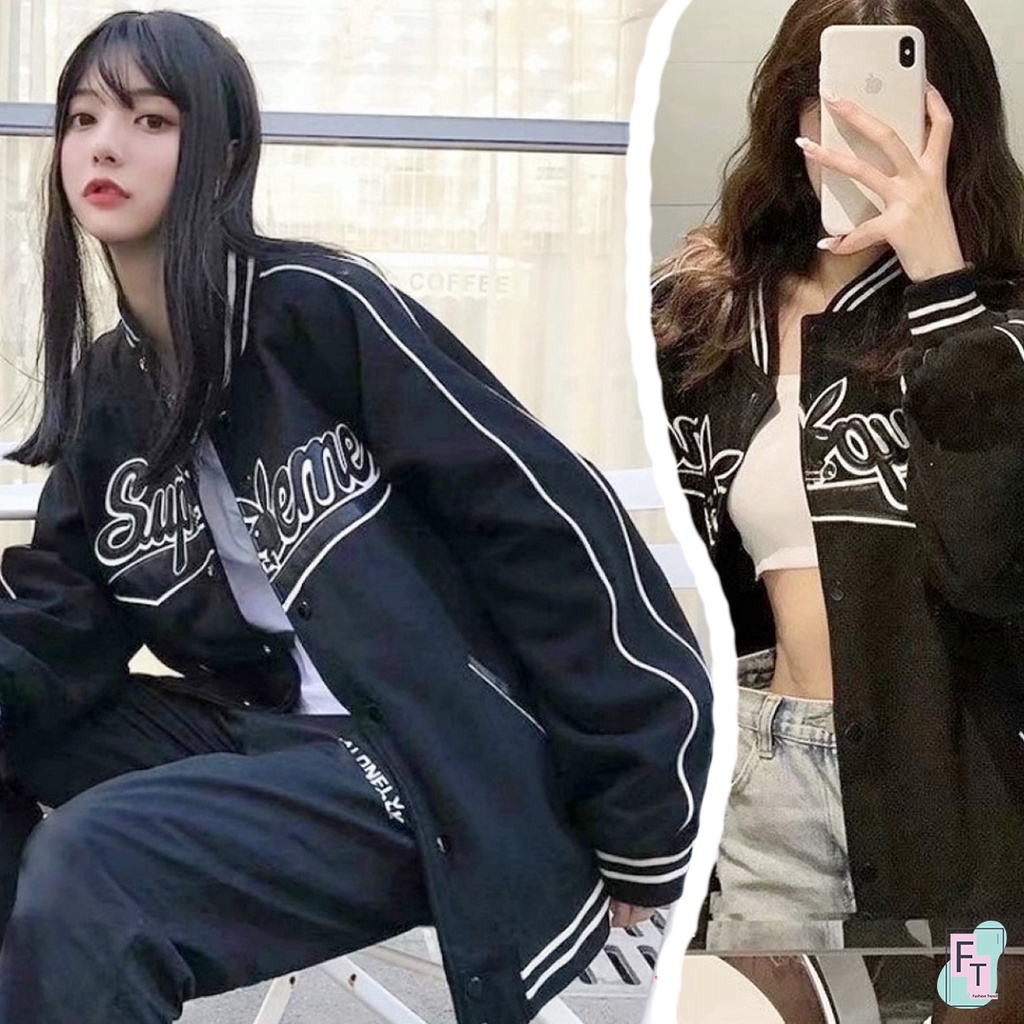 ft-อินเทรนด์-เสื้อแจ็คเก็ตสีดำแต่งแถบขาว-อกปักลายตัวหนังสืออาร์ตๆ