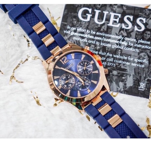 ผ่อน0-นาฬิกา-guess-womens-stainless-steel-analog-quartz-watch-su1294l2-สายซิลิโคนสีน้ำเงิน-ตัวเรือน-rosegold-42-มม