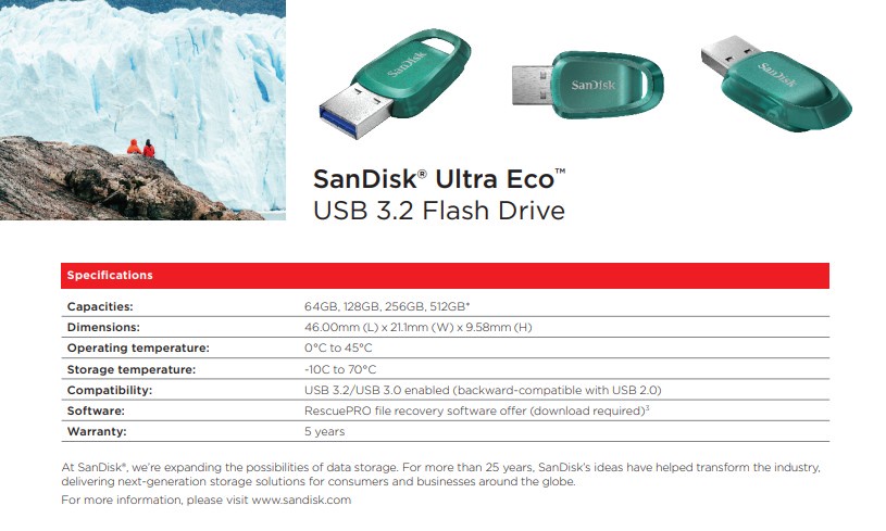 รายละเอียดเพิ่มเติมเกี่ยวกับ SanDisk Ultra Eco USB 3.2 Gen1 Flash Drive 256GB, 512GB (SDCZ96)