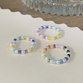 แหวนลูกปัด🌈สีรุ้ง สลับมุก สดใส เอ็นยืด Colorful Rainbow Pearl Bead Elastic Ring