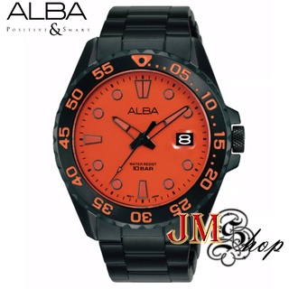 ALBA นาฬิกาข้อมือผู้ชาย สายสแตนเลส รุ่น AS9N17X1 / AS9N17X (สีดำ / หน้าปัดส้มเข้ม)