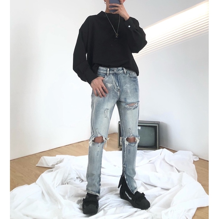 ภาพหน้าปกสินค้ากางเกงยีนส์ผู้ชาย stretch zipper jeans ปลายขาซิป ยีนส์ขาดเข่า ขาดเข่า ฮิปฮอป mnml m1 จากร้าน somethingstreetbkk บน Shopee