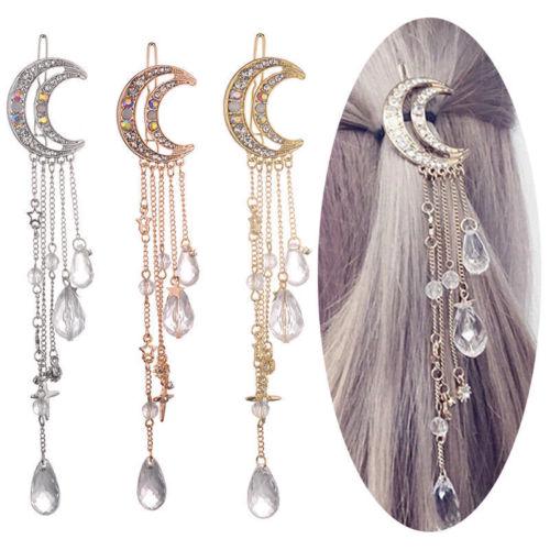 Moon Crystal Rhinestone Beads Dangle Hairpin Hair Clip Women Bridal Jewelry Gift