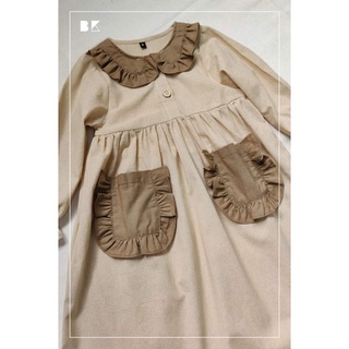Pockets Drees ชุดเดรสเเต่งระบายคอ ระบายกระเป๋า เนื้อผ้าคอตตอนลินินเนื้อนิ่ม ระบายอากาศดี