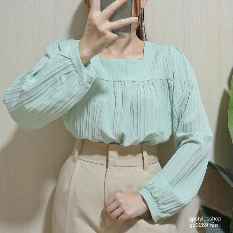 gp-0269 เสื้อคอเหลี่ยมผ้าอัดร่องงานเรียบๆน่ารักใส่สบายมาก | Shopee Thailand