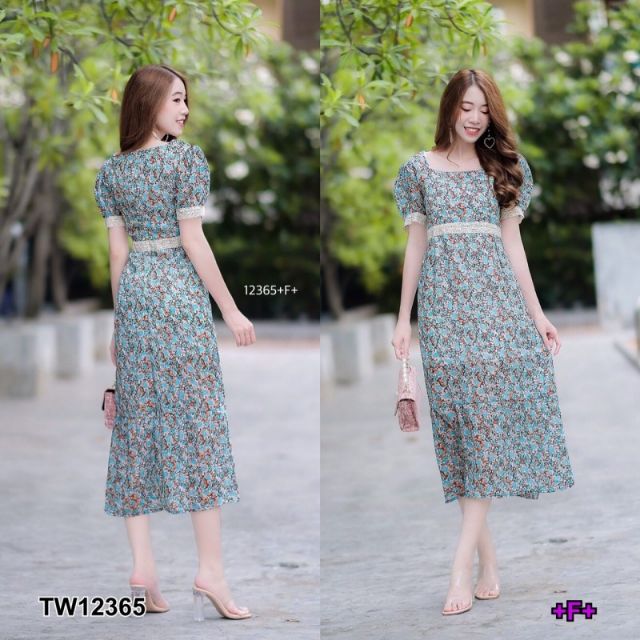 lt-tw12365-gt-เดรสคอเหลี่ยมแขนสั้น-ผ้าชีฟองลายดอกไม้-มีซับใน-ปลายแขนกับเอวแต่งคาดด้วยลูกไม้-มีซิปหลัง