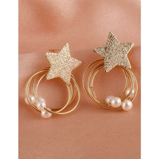 ต่างหูแฟชั่น ต่างหูห่วงดาวมุก Star&amp; Faux Pearl Decor Drop Earring (ส่งจากไทย)