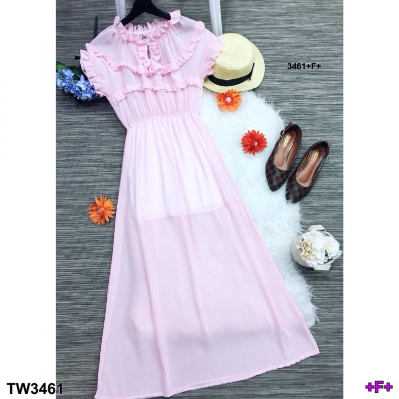 maxi-dress-ตัวยาวแขนสั้นคอและแขนแต่งกุ๊นระบายน่ารัก