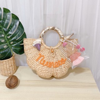 Flower Bag โทนสีส้ม กระเป๋าสานทรงดอกไม้ กระเป๋าแต่งชื่อ กระเป๋าแต่งพู่ 3 ชั้น