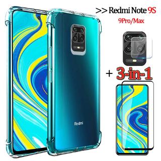 เคสกระจกนิรภัย พร้อมฟิล์มเลนส์กล้อง และฟิล์มนิรภัยหน้าจอ 3 in 1 สําหรับ Xiaomi Redmi 9A Note 9S Redmi Note9Pro Note9 Note8Pro