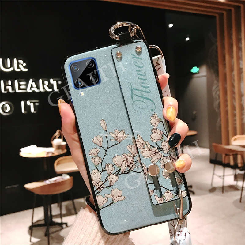 เคสโทรศัพท์-samsung-galaxy-a42-5g-new-phone-casing-2020-flowers-bling-glitter-soft-tpu-with-wrist-band-and-adjustable-crossbody-lanyard-case-galaxya42