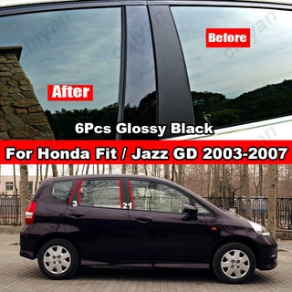 สติกเกอร์ติดเสากระจกรถยนต์ สีดํามันวาว สําหรับ Honda Fit Jazz GD 2003-2007 Gen 1st G1 6 ชิ้น