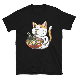 เสื้อยืดลําลอง แขนสั้น คอกลม พิมพ์ลายการ์ตูนอนิเมะ Hungry Kitty Ramen Bowl Kawaii Kanji Ramen น่ารัก เหมาะกับของขวัญS-5X