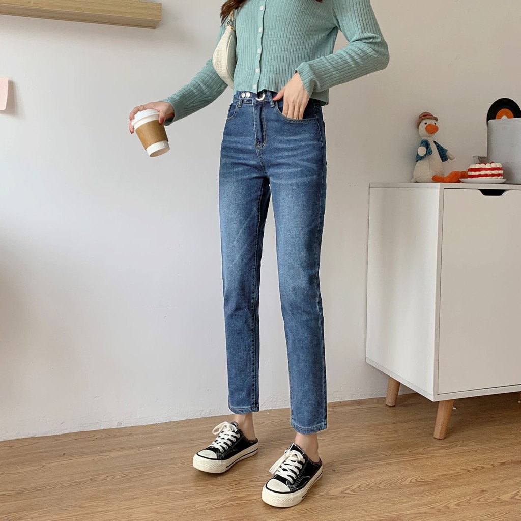 กางเกงยีนส์แฟชั่นใหม่สำหรับผู้หญิงกางเกงยีนส์เลกกิ้งยีนส์เอวสูงข้อสั้นสีน้ำเงิน