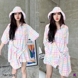 TW15825 Set 4 ชิ้น เสื้อเชิ้ตแขนสั้นกระดุมหน้า กางเกงขาสั้นขอบเอวสูงมียางยืดสม็อคหลัง มีกระเป๋ากางเกงล้วงข้าง