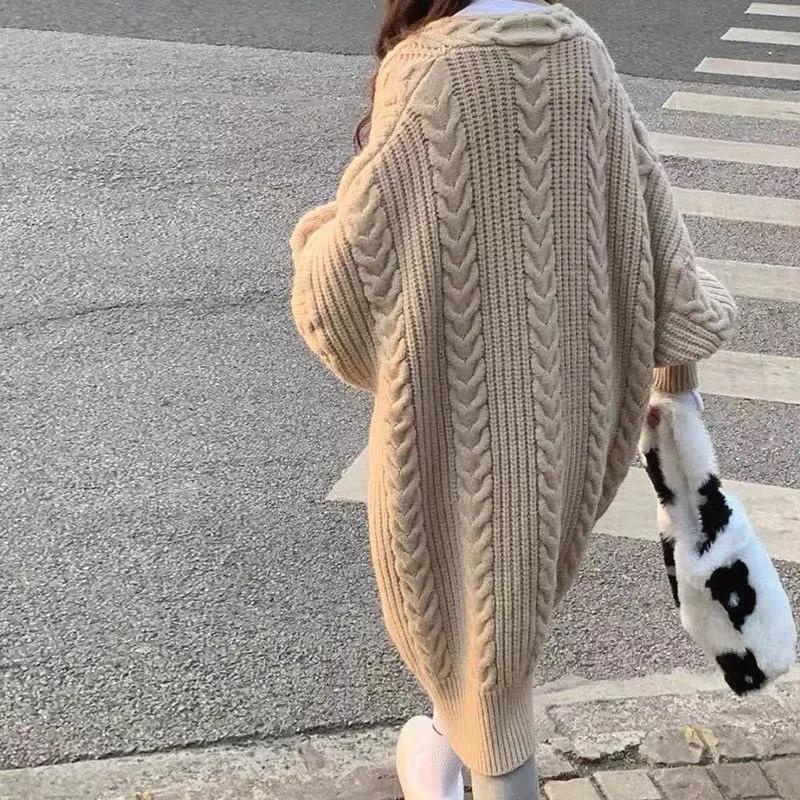 เสื้อกันหนาวผู้หญิงฤดูใบไม้ร่วงด้านนอกสวมใส่หลวมญี่ปุ่นกลางยาวเสื้อสเวตเตอร์ถัก