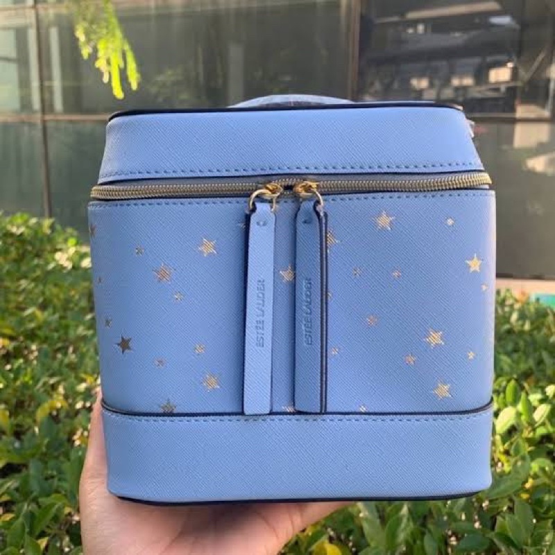 แท้-estee-lauder-sky-blue-bag-กระเป๋า-estee-สีฟ้าสุดหรู-สกรีนลายดาว