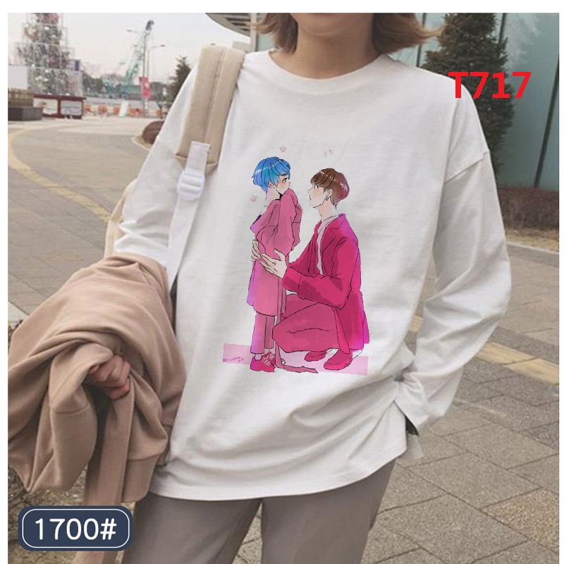 kpop-แขนยาว-boy-with-luv-shirts-เสื้อยืด-cartoon-print-เดรสผู้หญิง-female-tees-bts-เสื้อแขนยาว-blouse-o-neck-cool