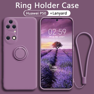 เคสโทรศัพท์มือถือ ซิลิโคน พร้อมแหวนขาตั้ง และสายคล้อง หรูหรา สําหรับ Huawei P50 Case P50 Pro P40
