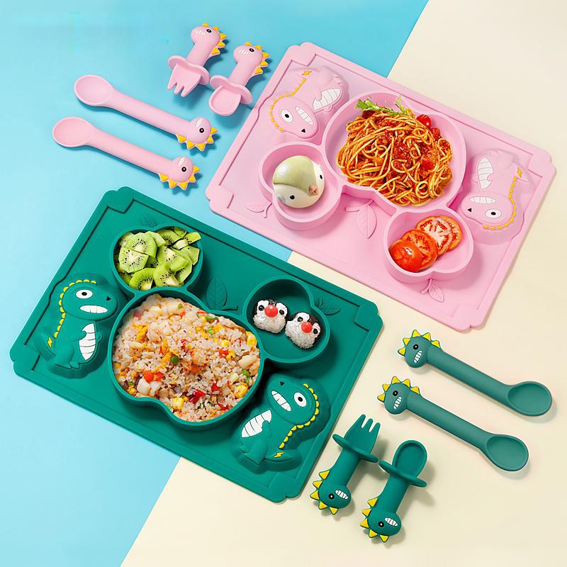 beinland-ชุดจานชาม-ช้อน-ส้อม-ซิลิโคน-ลายการ์ตูนไดโนเสาร์-ปลอด-bpa-สําหรับเด็ก