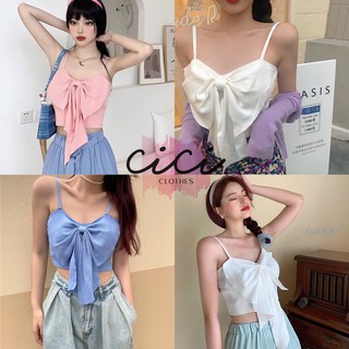 CICI(พร้อมส่ง)สายเดี่ยวไหมพรมเอวลอยครึ่งตัว​ แต่งจีบโบว์ใหญ่​ สีสดเนื้อผ้าเนียน(32006)