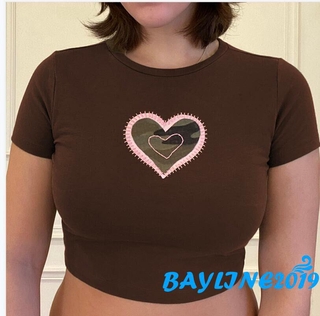 Bay - Women เสื้อครอปแขนสั้นคอก ลมลายหัวใจสําหรับผู้หญิง