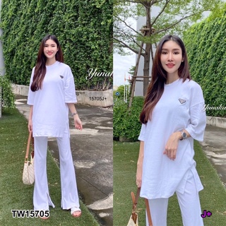 TW15705 Set 2 ชิ้น เสื้อแขนสั้นยาวคลุมสะโพก ผ่าชายนิดๆ กางเกงเอวยางยืดขายาวผ่าปลายขา งานสวยเนื้อผ้ายืดร่อง งานฟรีไซส์