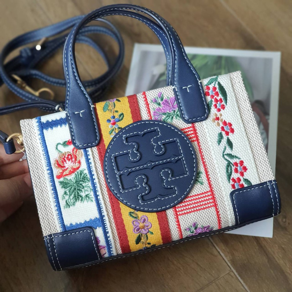 Tory Burch Ella Webbing Patchwork Micro Tote Bag in Blue