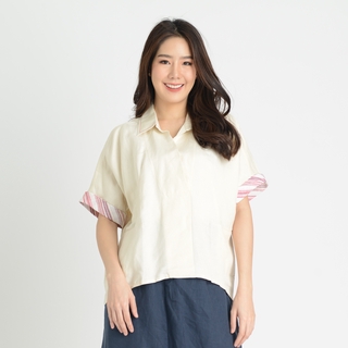 C&amp;D Linen Blouse เสื้อซีแอนด์ดี เสื้อมีปก แขนสั้น ผ้าลินิน สีขาว (CR1YWH)