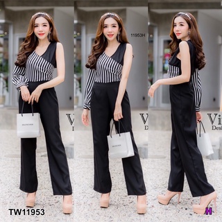 TW11953 Jumpsuit จั๊มสูทขายาว เสื้อเฉียงไหล่ลายริ้ว แขนยาวข้างเดียว เนื้อผ้ามอสเครฟ