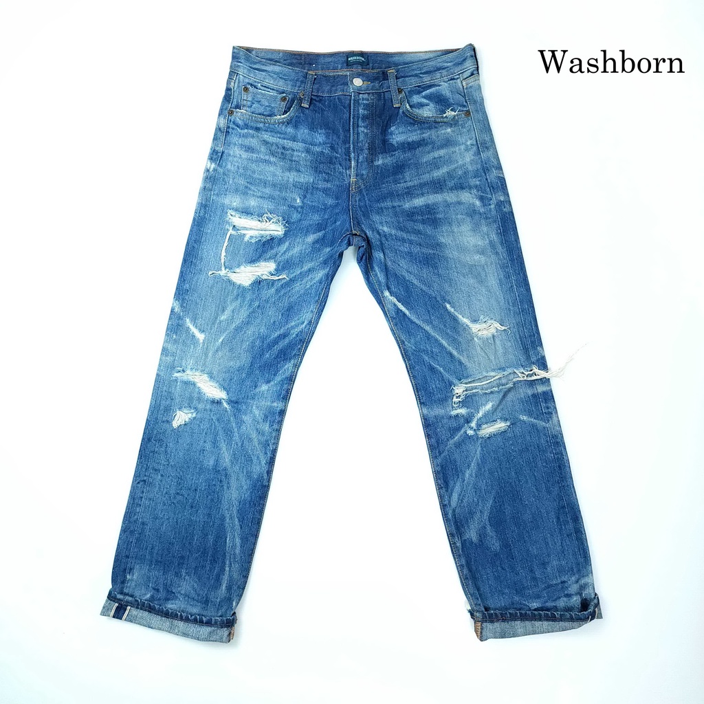 ยีนส์ริมแดง-selvedge-washborn-เอว-33-ริมแดง-เฟดสวยแต่งขาด-ขากระบอก