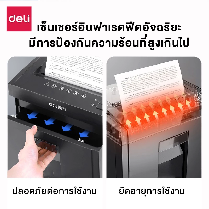 Deli เครื่องทำลายเอกสาร 23 ลิตร เครื่องย่อยกระดาษ ขนาด A4 16 แผ่น อุปกรณ์สำนักงาน Paper Shredder รุ่น E9952 & 27530 & ET051 & ET053 & ET048 & ET058