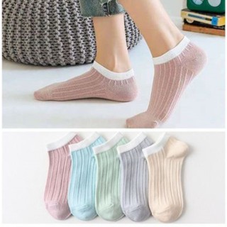 สินค้า ถุงเท้า ถุงเท้าข้อสั้นผู้หญิงสีพื้น พาสเทล สีสันสวยงาม  ลายทาง มี 5 สี