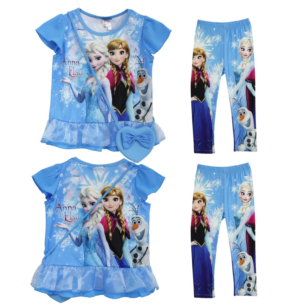 เสื้อผ้าเด็กลายการ์ตูนลิขสิทธิ์แท้-เด็กผู้หญิง-ชุดแขนสั้น-กุด-ชุดเสื้อกางเกง-frozen-disney-ผ้ามัน-dfz218-85