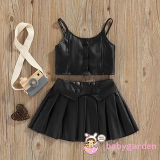 BABYGARDEN-1-6years Baby Girls Casual Suit, Solid Color Sleeveless Sling Tops+Button Pleated Short Skirt, Black
