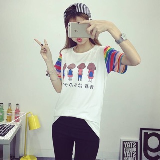 TJเสื้อแฟชั่น คอกลม แขนสั้นสายรุ้ง ลาย friend สีขาว รหัสสินค้า JN9330 ขาว